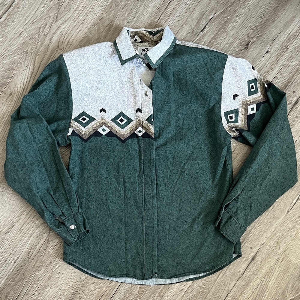 Vintage 1980s Roper Green and White Rodeo Shirt